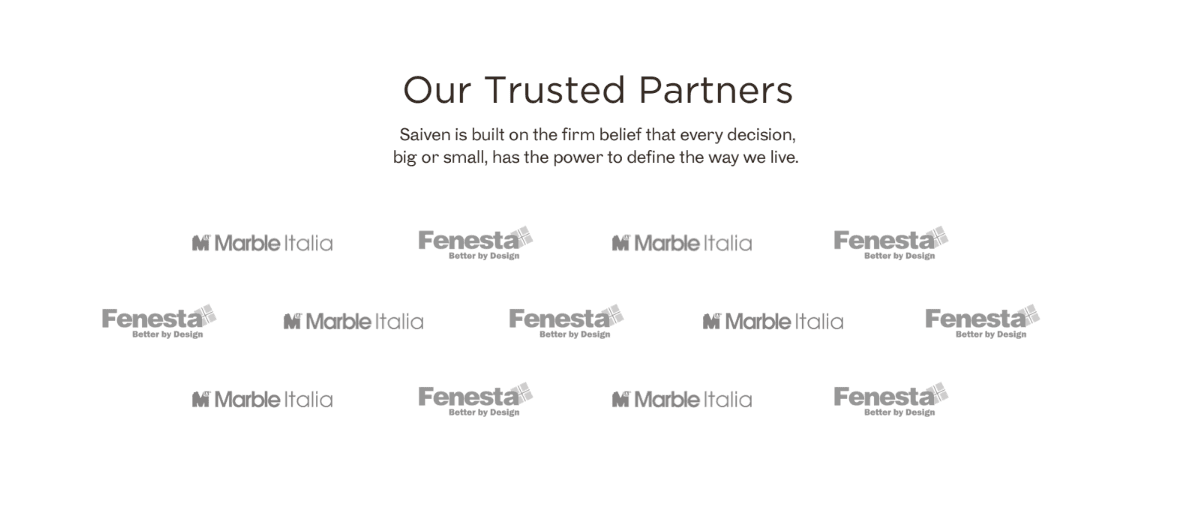 Our Trusted Partners — Saiven is built on the firm belief that every decision shapes the way we live. Partner logos include Marble Italia and Fenesta.